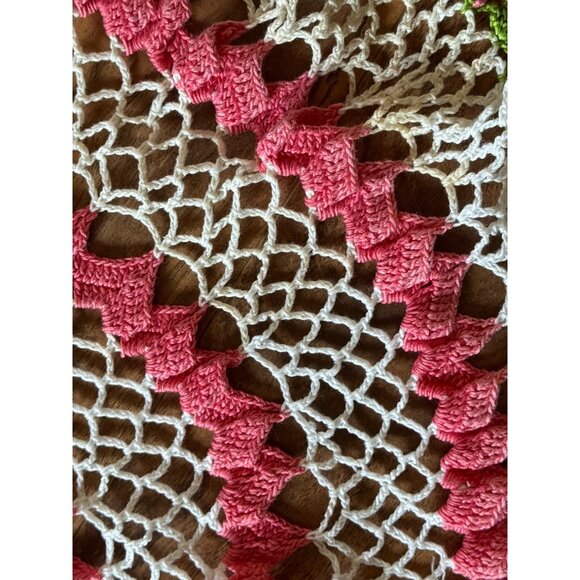 Handmade Crochet Lace Doily With Pink & Green Floral Design 26" Round - Picture 4 of 5
